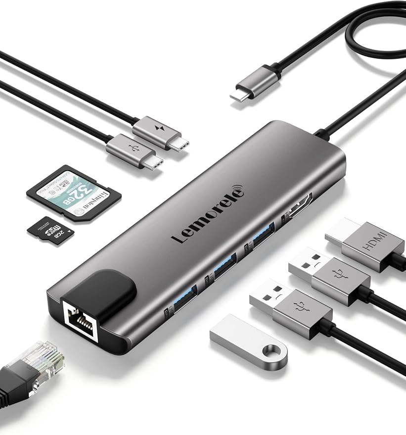 Lemorele USB C Hub Multiport Adapter 9 in 1 w/Gigabit Ethernet, 100W PD by Lemorele