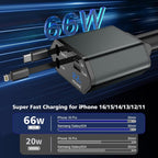 66W Retractable Car Charger, CarCharger Fast Charging 4 in 1 Car Phone Charger - Image 2