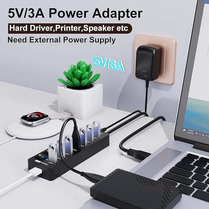 Powered USB Hub 3.0, VEMONT 7 Ports Multi USB hubs and 1 USB Smart Charging Port - Image 6