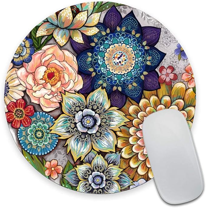 Round Mouse Pad, Boho Floral Mouse Pad, Washable Round Mousepad by Armanza