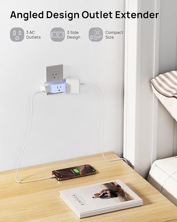 TROND Outlet Extender, 3 Way Angled Wall Plug Splitter, 3-Prong Grounded Outlet - Image 2