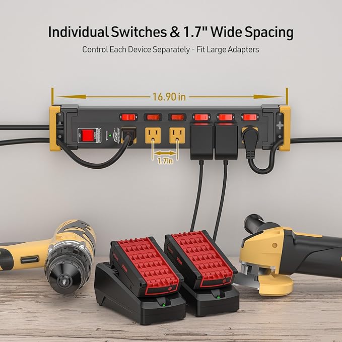 CRST 6 Outlets Wide Spaced Power Strip, Metal Wall Mount Surge Protector Power - Image 2