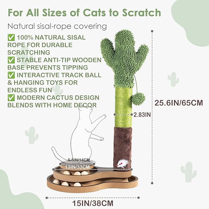Cat Toys Cactus Cat Scratching Post, Natural Sisal Scratcher - Image 2