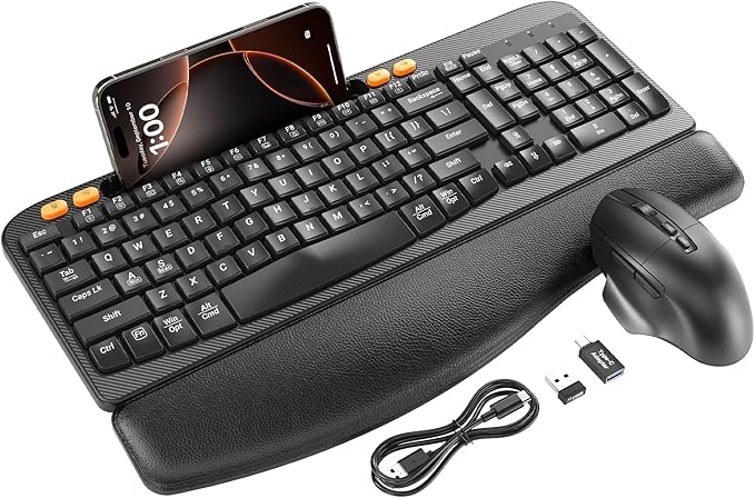 Wireless Keyboard and Mouse Combo, Ergonomic Wave Keys, Cushioned Plam Rest by SABLUTE