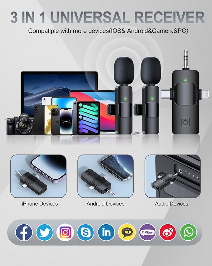 PQRQP 3 in 1 Professional Wireless Lavalier Microphone - Image 8