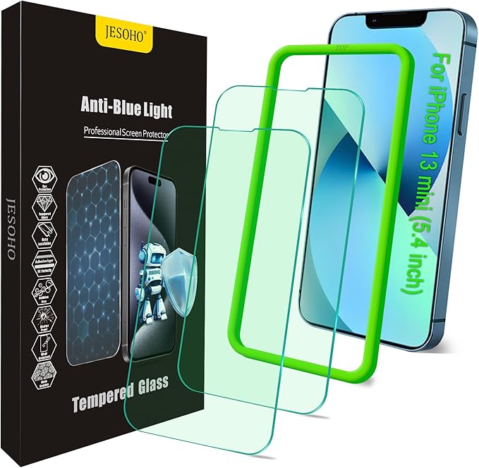 Blue Light Screen Protector for iPhone 13 mini, Eye Protection, Tempered Glass by JESOHO