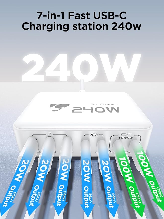 240W USB C Charging Station, 7-Port GaN USB C Charger Block, 100W Laptop USB C - Image 2