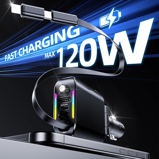 Retractable Car Charger with Starlight, Max 120W USB C Car Charger Adapter - Image 7