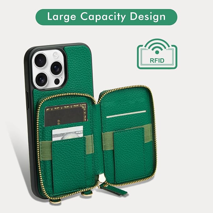 LAMEEKU for iPhone 15 Pro Wallet Case, Zipper Leather Card Slots Crossbody - Image 2