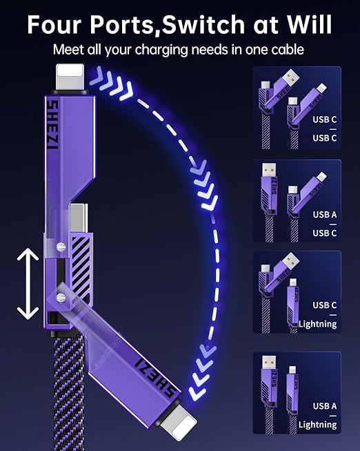 SHEZI 4-in-1 Long USB C Cable 60W 10FT Fast Charging Flat Nylon Braided Charger - Image 2