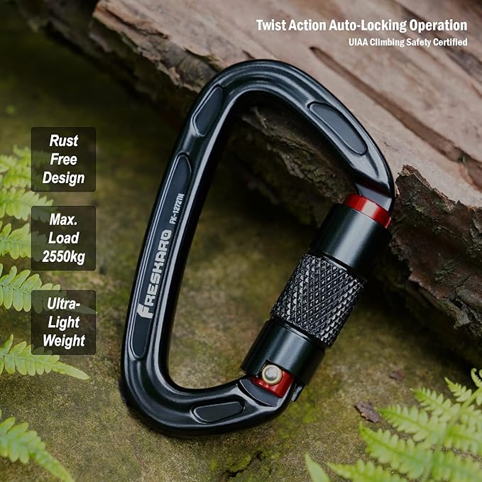 FresKaro UIAA Certified 25KN Auto Locking Climbing Carabiner Clips, Twist Lock - Image 6