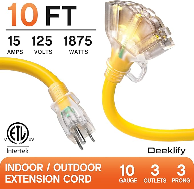 10 ft 10 Gauge Heavy Duty 3 Outlet Extension Cord Splitter - Image 2
