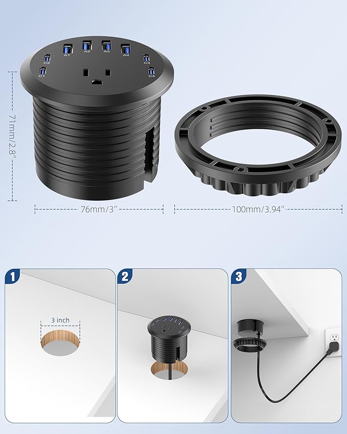 Jgstkcity 65W USB-C Hidden Desktop Power Grommet: 1 AC Outlet, 8 USB Charging - Image 4