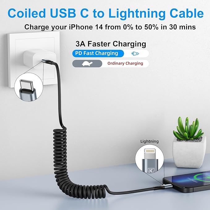 KIYODA USB Type C to Lightning Cable 3FT 2Pack, Coiled iPhone Charger Fast - Image 2