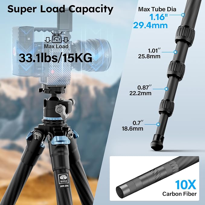 SIRUI Carbon Fiber Camera Tripod, 50.7" Professional Heavy Duty Tripod - Image 2
