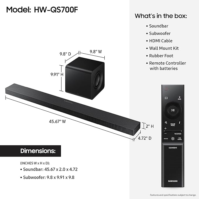 Samsung Q-Series Soundbar HW-QS700F 3.1.2 ch Subwoofer Convertible Fit - Image 2
