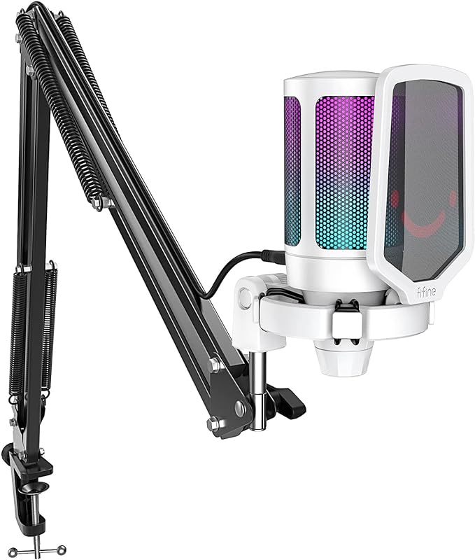 FIFINE Streaming Gaming USB Microphone Kit, PC Condenser RGB Mic Compatible by FIFINE