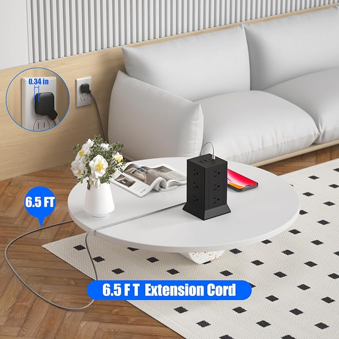Power Strip Tower with Multiple Outlets, 6.5 Ft Extension Cord Flat Plug with - Image 3