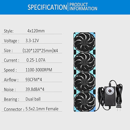 120mmx4 480mm Adjustable Computer PC Vent Fans 3-12V Speed Controller - Image 3