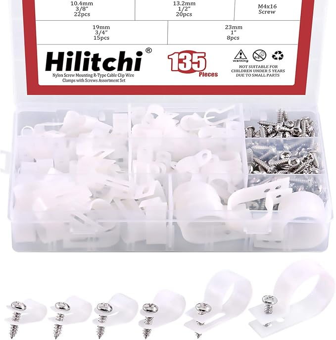 Hilitchi 135 Pcs 6 Sizes White Plastic Cable Clamp R Type Screw Mounting Cord by Hilitchi