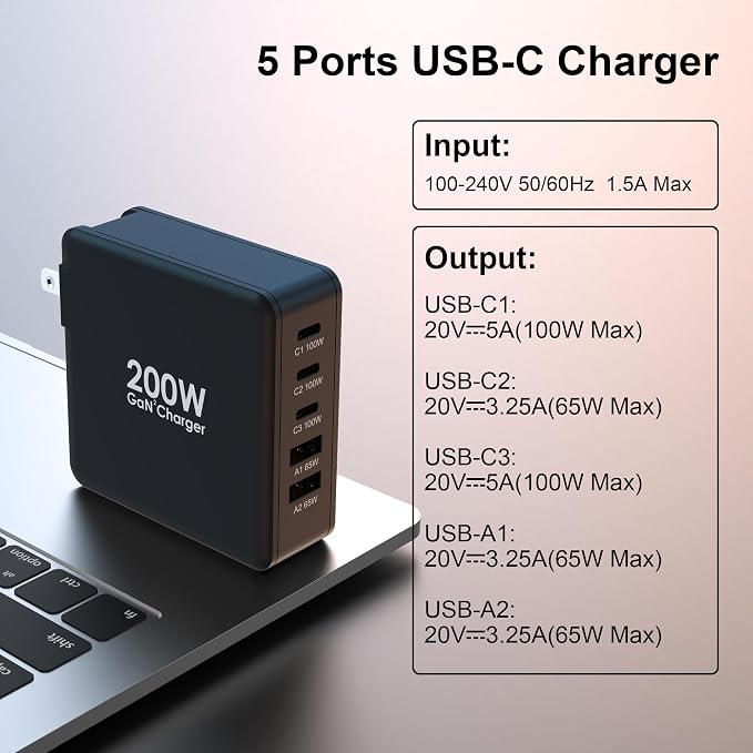 200W USB C Charger, 5 Ports GaN Fast Charger, PD100W USB C Desktop Charging - Image 5