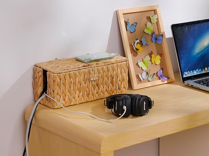 Cable Management Box, Hand-Woven Water Hyacinth Decorative Cord Organizer - Image 8