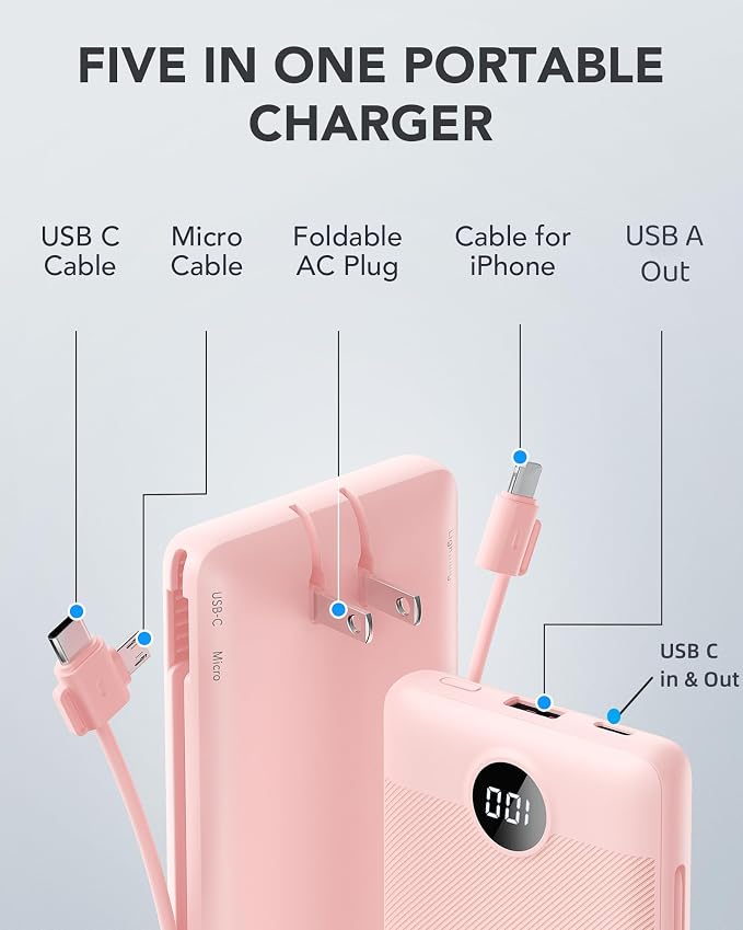 VRURC Portable Charger Built-in Cables and AC Wall Plug, USB C Power Bank - Image 3