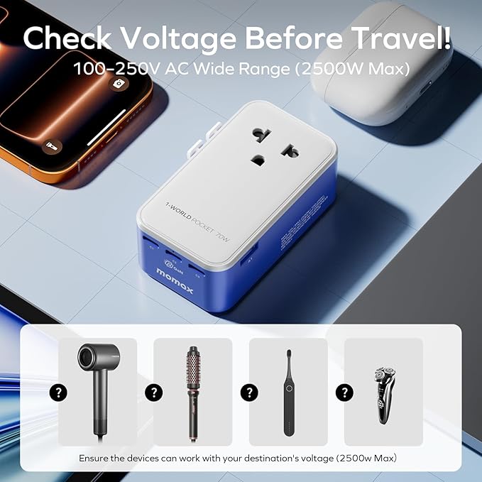 MOMAX Universal Travel Adapter, Ultra-Thin 1-World Pocket 70W GaN International - Image 3