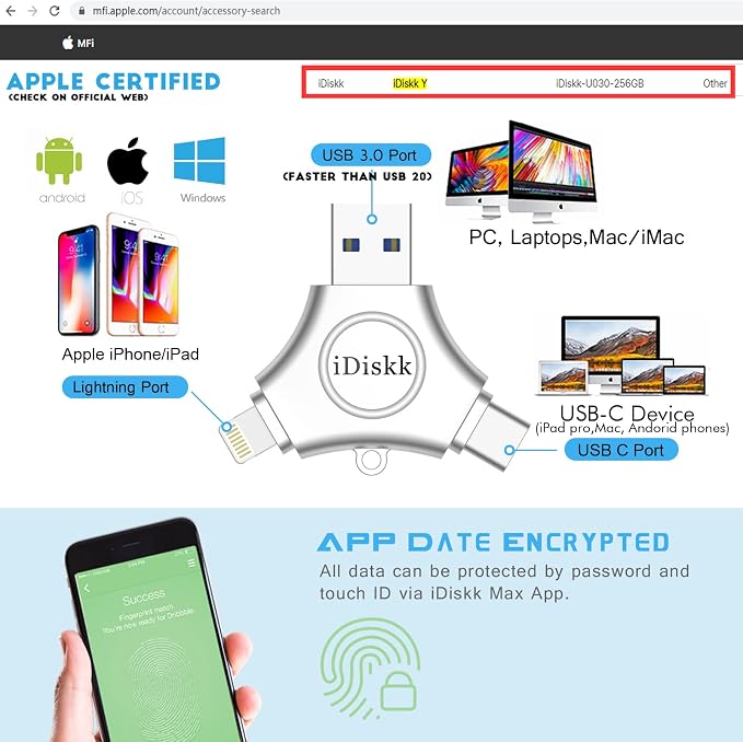 iDiskk 256GB App-le Certified Flash Drive Photo Vault - Image 2