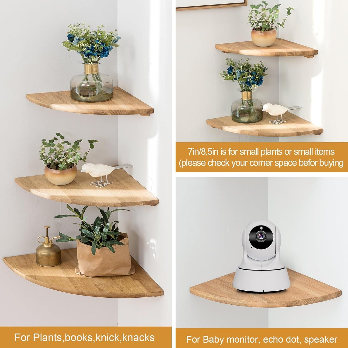 Corner Shelves, Floating Corner Shelf, Set of 2 7inch Solid Oak Wood Wall Shelves, Round End Wall Mount with Wire Hole Shelving for Small Plant for Bedroom Kitchen, Living Room