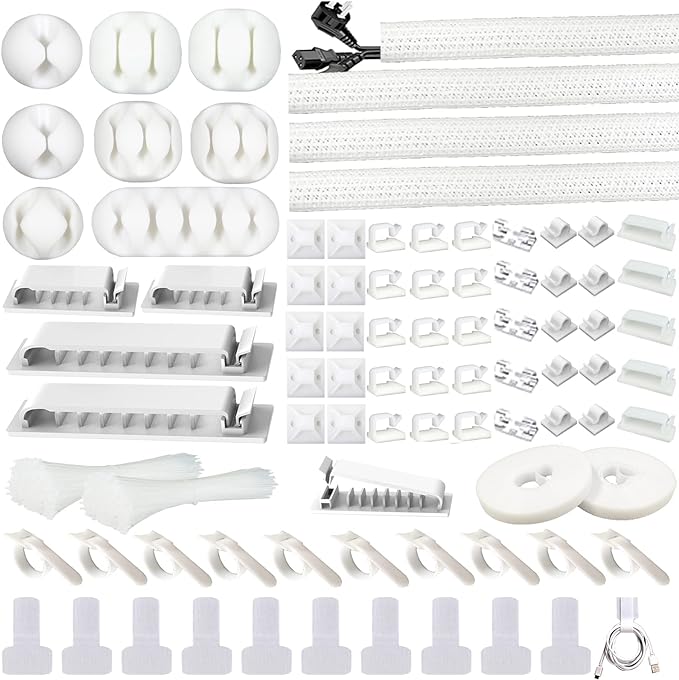 White Cable Management Organizer Kit 4 Cable Sleeve Split, 47Cable Clips 12Cord by DRIVUU