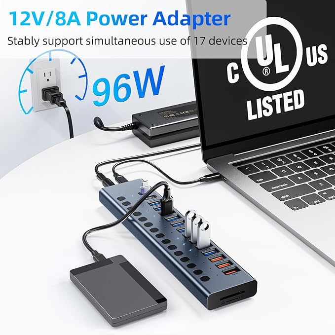 Powered USB Hub 10Gbps, 17 Ports 96W USB 3.2 Hub, 12V/8A Power Adapter - Image 5