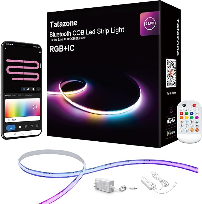 32.8ft Bluetooth RGB+IC COB Led Strip Light by Tatazone