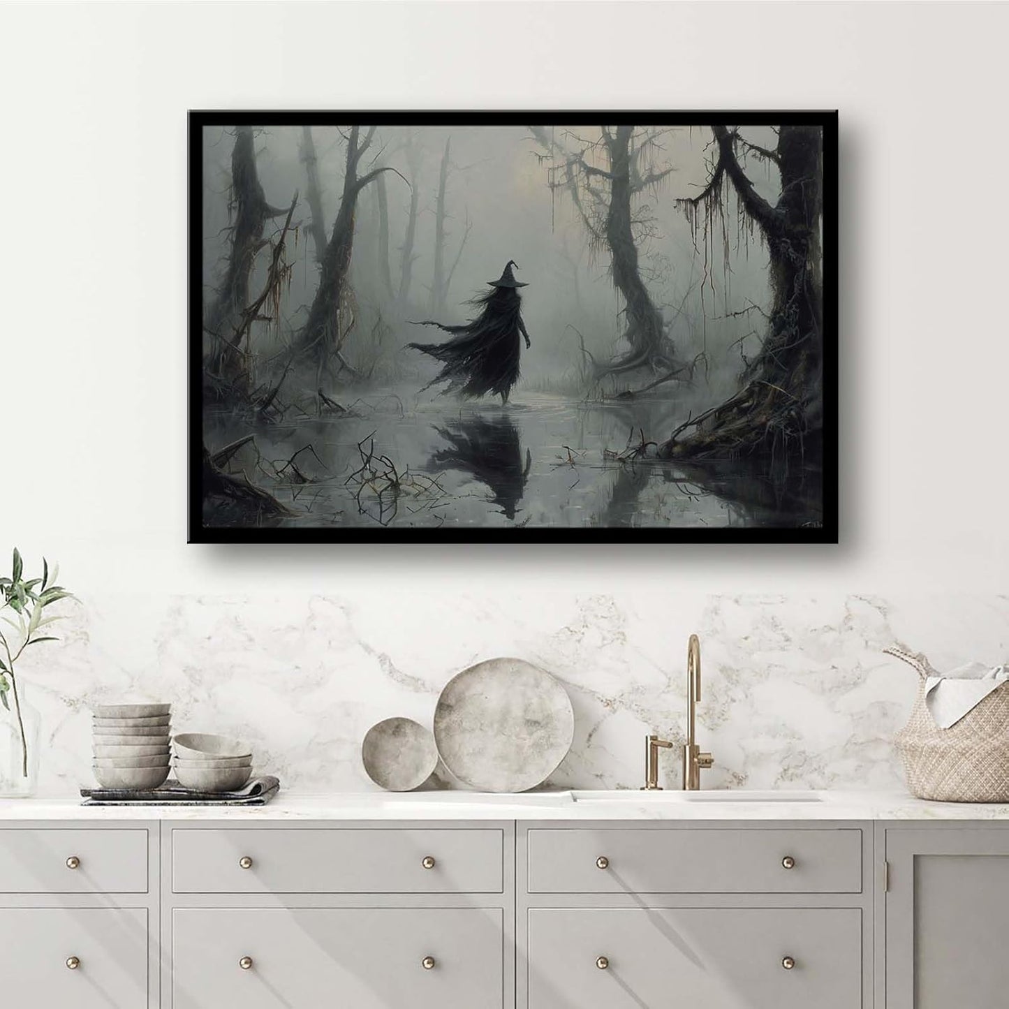JFHCQJPK Vintage rustic swamp witch poster dark moody wall art gothic horror season halloween print for home decor retro dark moody painting20x30in Metal blackFramed