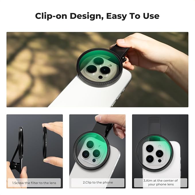 K&F Concept 67mm Clip-on Black Diffusion 1/4&CPL Phone Camera Lens Filter Kit - Image 7