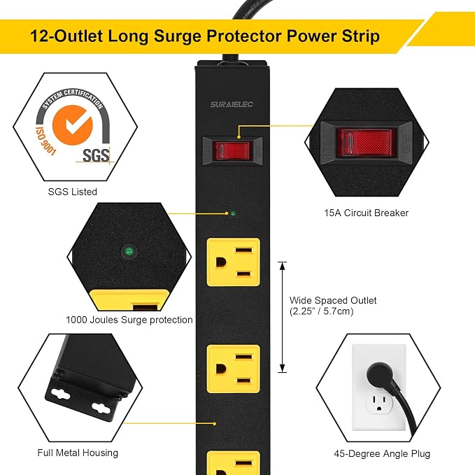 SURAIELEC 12 Outlet Long Metal Power Strip, 15FT Cord Surge Protector, Angled - Image 2