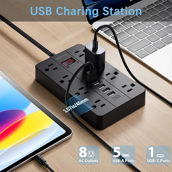 Power Strip Surge Protector, HUNIAN Flat Plug 10 Ft Long Extension Cord - Image 2