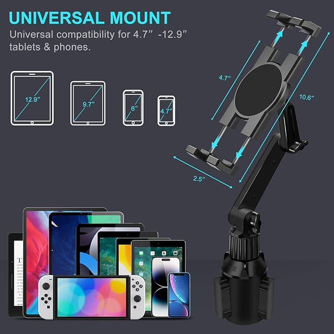 Cup Holder Car Tablet Mount for Truck, 360° Adjustable 15" Long 2-Arm Stand - Image 3