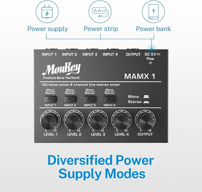 Moukey Mini Audio Mixer, DC 5V, 4 Stereo Ultra, Low Noise 4 Channel Line Mixer - Image 5