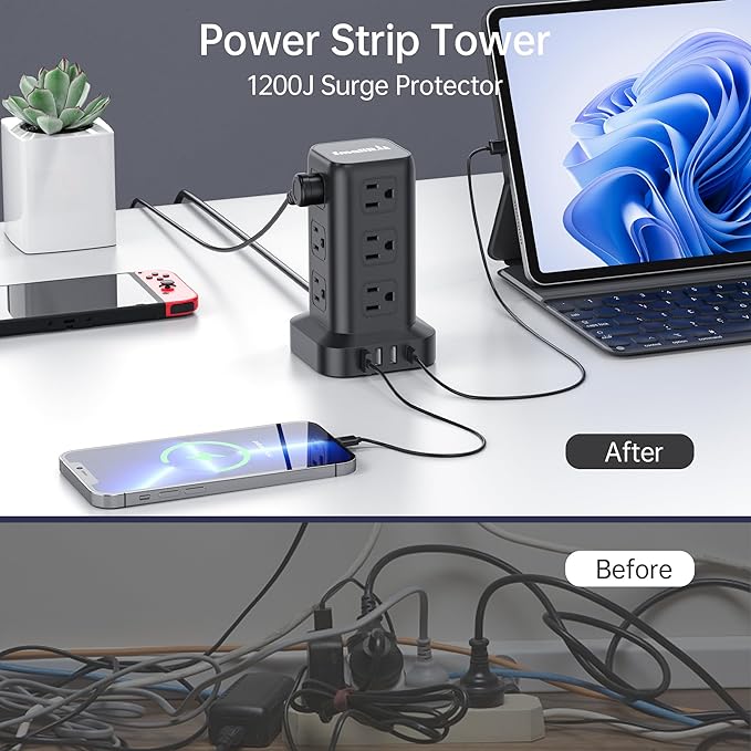 Surge Protector Power Strip Tower, 10FT Extension Cord - Image 3