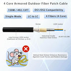 150M/492FT Outdoor Armored LC to LC Fiber Optic Cable, 4 Core OS2 Single Mode - Image 2