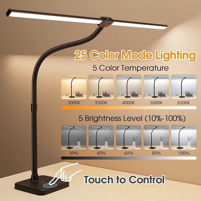 ShineTech LED Desk Lamp for Home Office, 24W Double Head Desk Light - Image 3