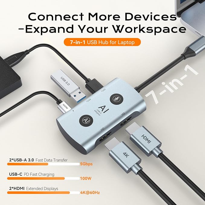 AI Laptop Docking Station with Dual Monitor 4K, TOPOINT 7-in-1 USB C Hub with - Image 4