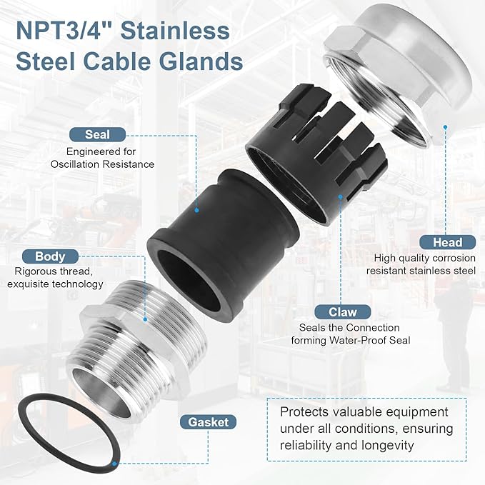 NPT 3/4" Stainless Steel Waterproof Cable Gland IP68 Waterproof Cable Gland - Image 3
