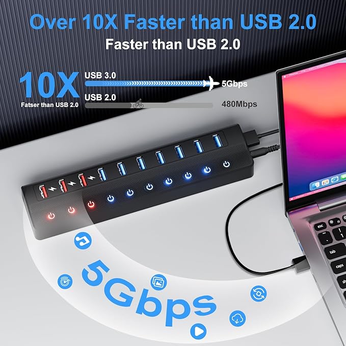 Powered USB Hub, 10-Port USB Splitter Hub - Image 3