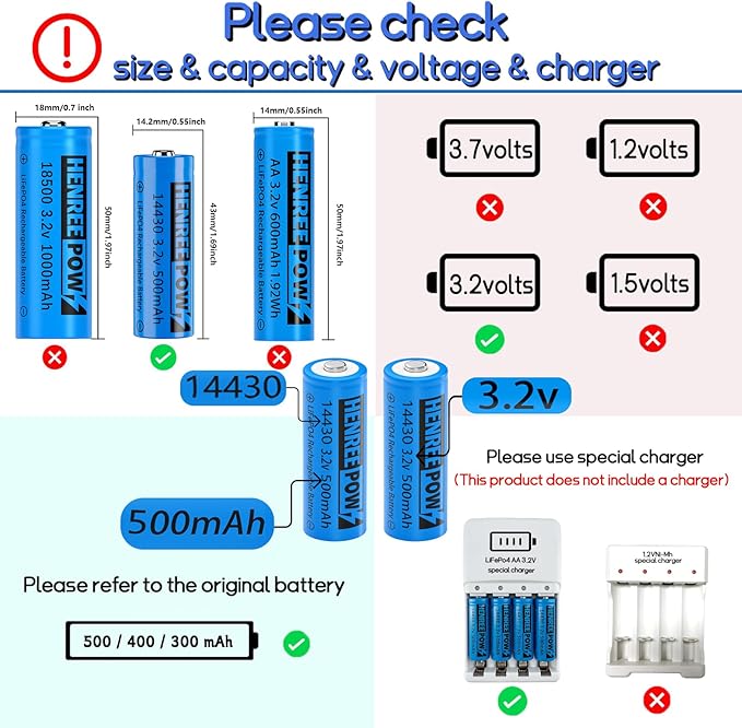 Henreepow LiFePo4 Battery 14430, 3.2v Rechargeable Solar Batteries, 500mAh - Image 2