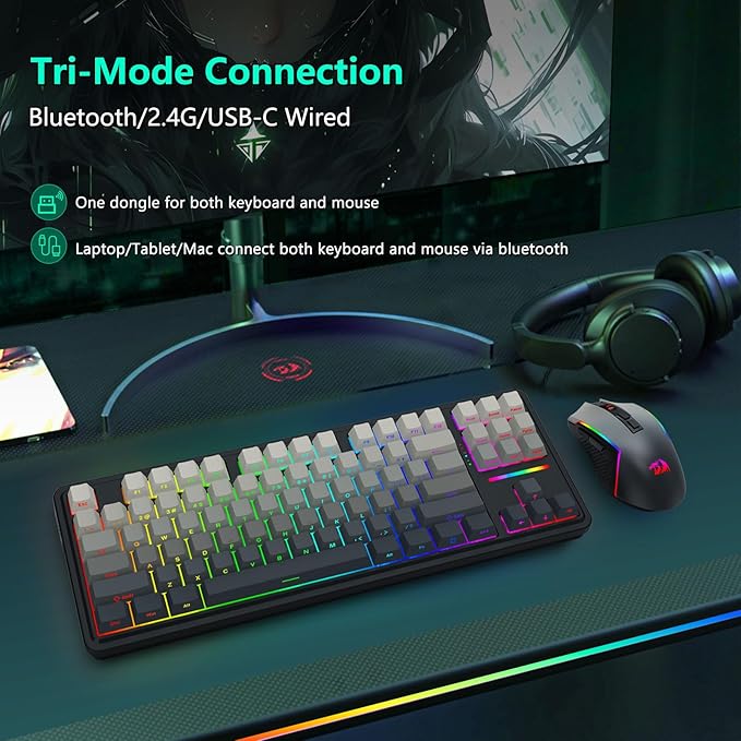 Redragon Wireless Mechanical Keyboard and Mouse Combo, RGB Backlit, TKL Creamy - Image 4