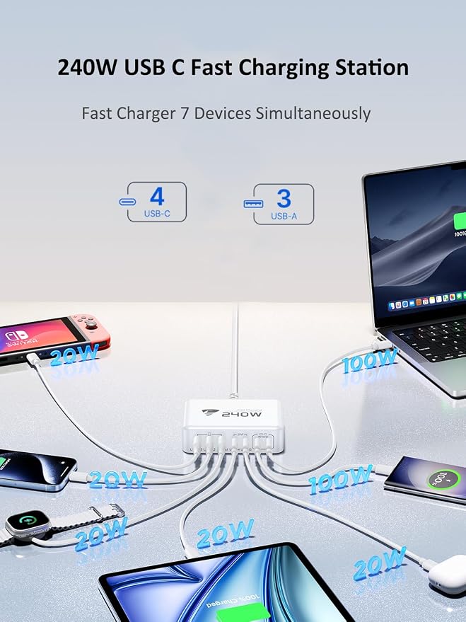 240W USB C Charging Station, 7-Port GaN USB C Charger Block, 100W Laptop USB C - Image 3