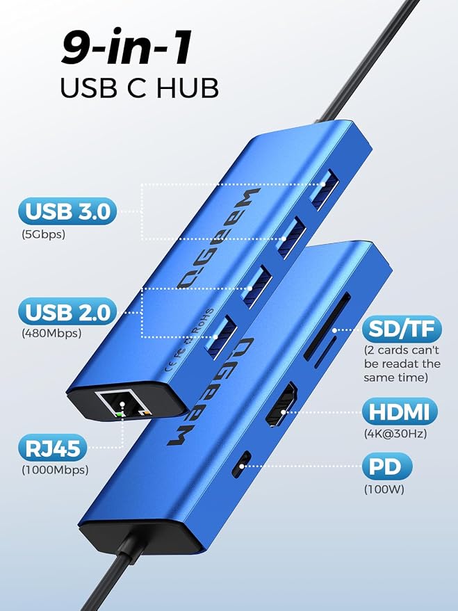 QGeeM USB C Hub Ethernet, 9 in 1 USB Type C Hub HDMI Multi-Port Converter - Image 2