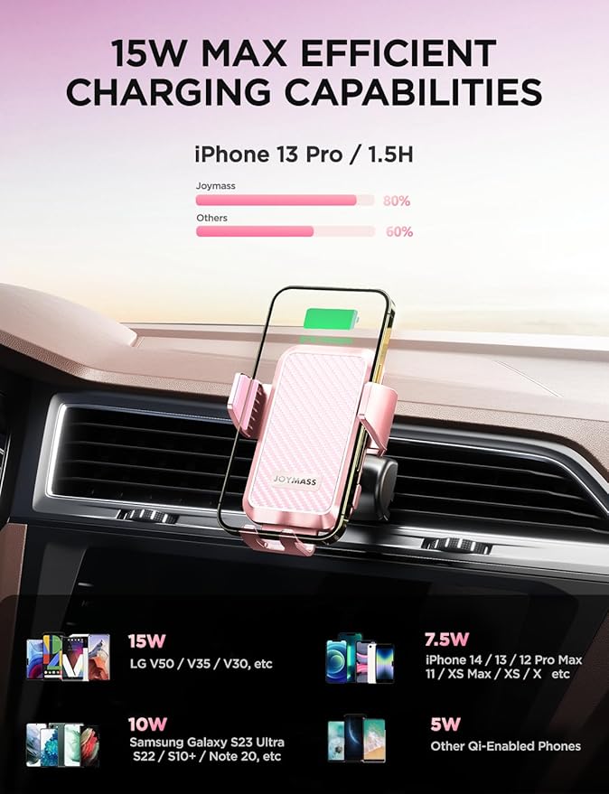 Wireless Car Charger, JOYMASS 15W Fast Charging Auto Clamping Car Charger Cell - Image 2